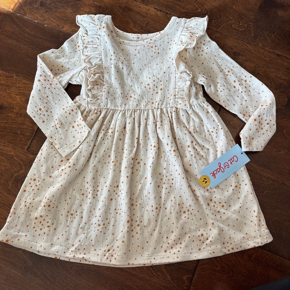 Cat and Jack Girls 2T Dress Long Sleeve Ruffle Star Gold Cream NEW - Picture 3 of 6